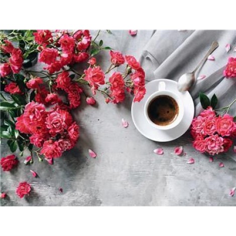 Nouvelle Arrivée Grosses Soldes Photo De Tasse De Café Et Fleurs Rouges - 5D Kit Broderie Diamants/Diamond Painting Kit